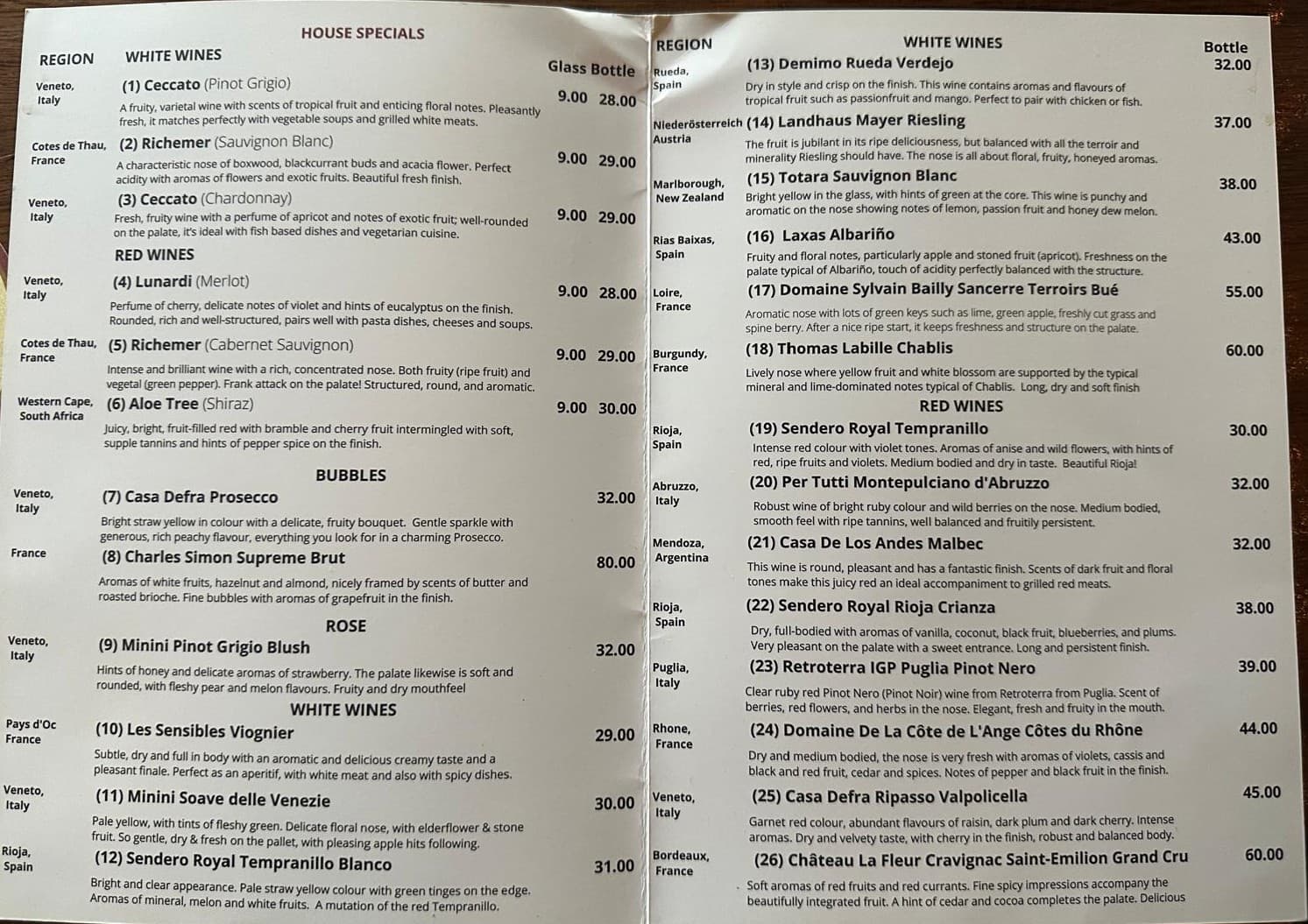 Bohemian Pub wine list